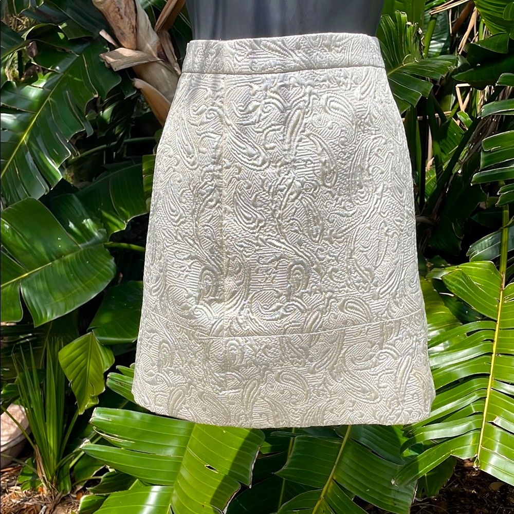 J.Crew platinum, silver brocade, rap style skirt